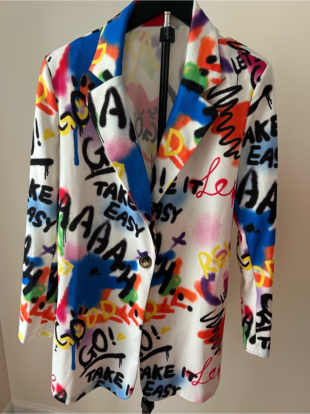 Graffiti Print Long Blazer Jacket - White Multicolor